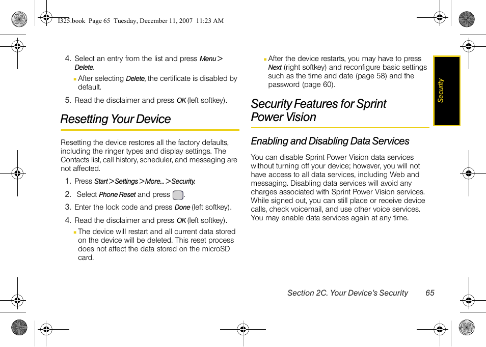 Resetting your device, Security features for sprint power vision, Enabling and disabling data services | Security features for sprint, Power vision | Samsung ACE User Manual | Page 80 / 210