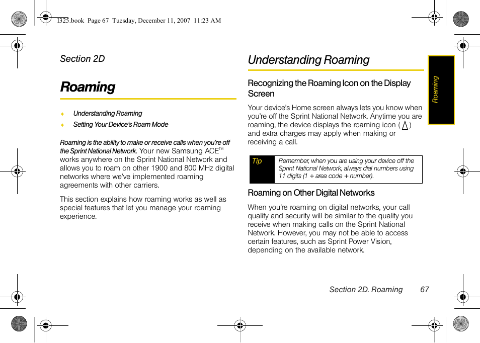 Roaming, Understanding roaming, Recognizing the roaming icon on the display screen | Roaming on other digital networks, 2d. roaming | Samsung ACE User Manual | Page 82 / 210