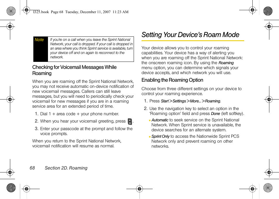 Checking for voicemail messages while roaming, Setting your device’s roam mode, Enabling the roaming option | See “setting your device’s roam | Samsung ACE User Manual | Page 83 / 210