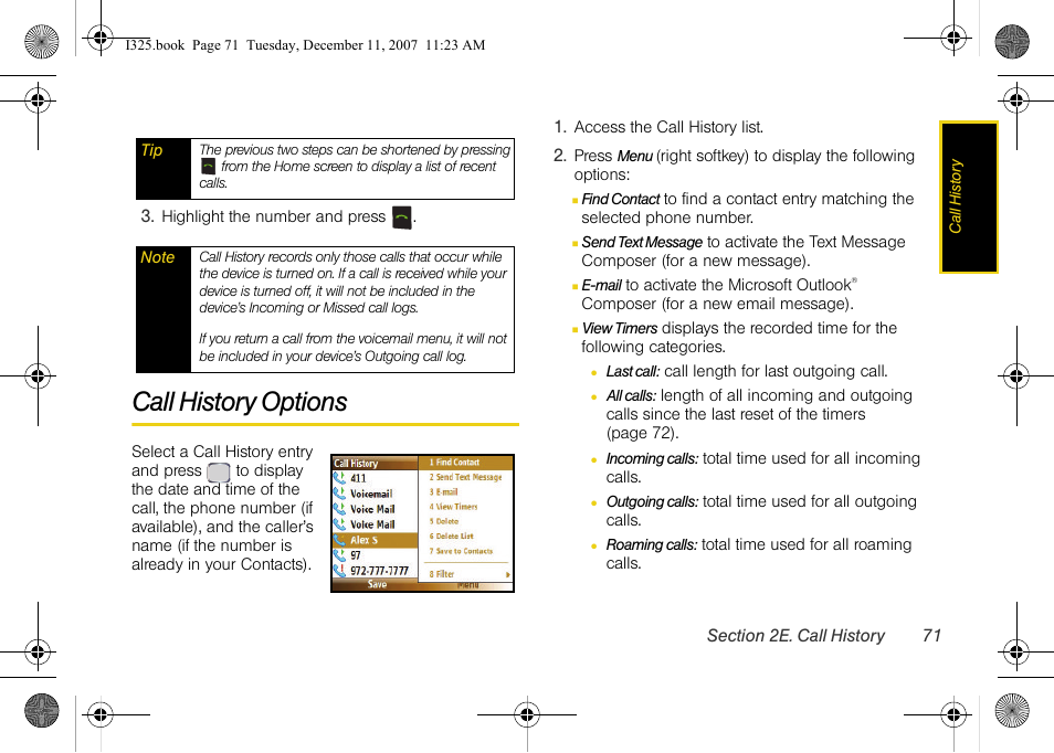 Call history options | Samsung ACE User Manual | Page 86 / 210