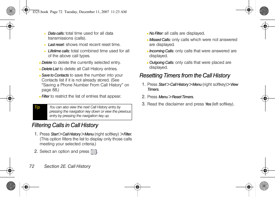 Filtering calls in call history, Resetting timers from the call history | Samsung ACE User Manual | Page 87 / 210