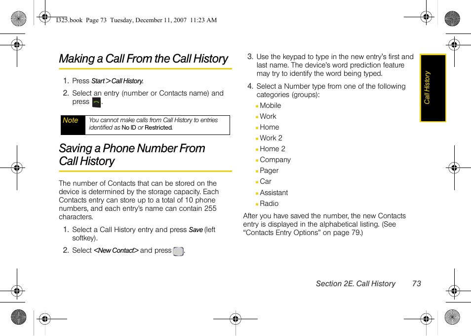 Making a call from the call history, Saving a phone number from call history, Saving a phone number from | Call history | Samsung ACE User Manual | Page 88 / 210