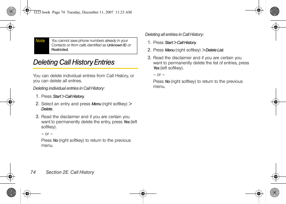 Deleting call history entries | Samsung ACE User Manual | Page 89 / 210