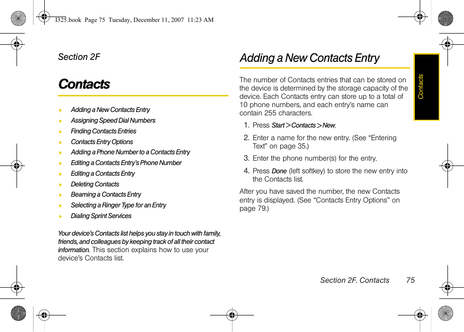 Contacts, Adding a new contacts entry, 2f. contacts | Samsung ACE User Manual | Page 90 / 210