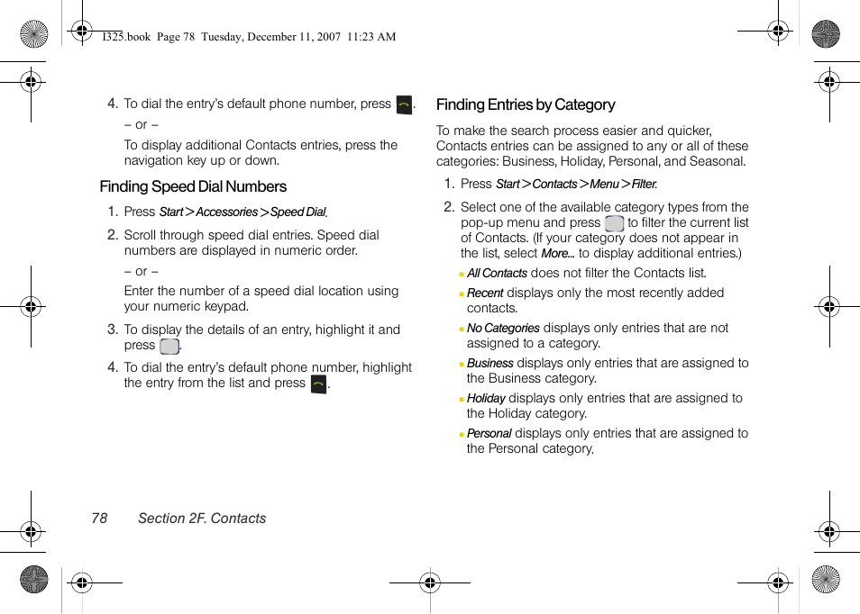 Finding speed dial numbers, Finding entries by category | Samsung ACE User Manual | Page 93 / 210