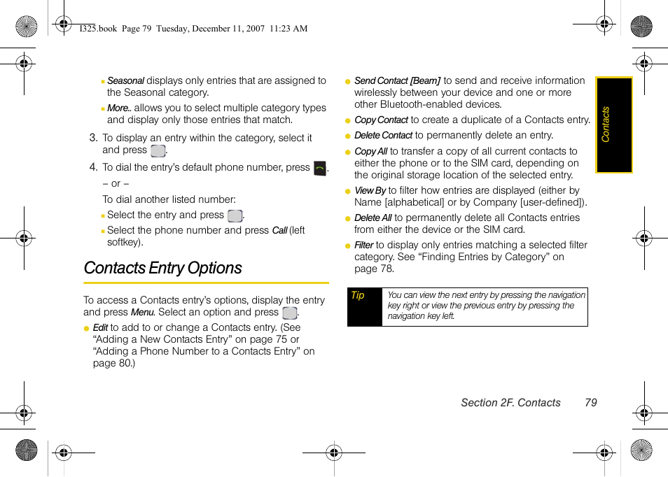 Contacts entry options | Samsung ACE User Manual | Page 94 / 210