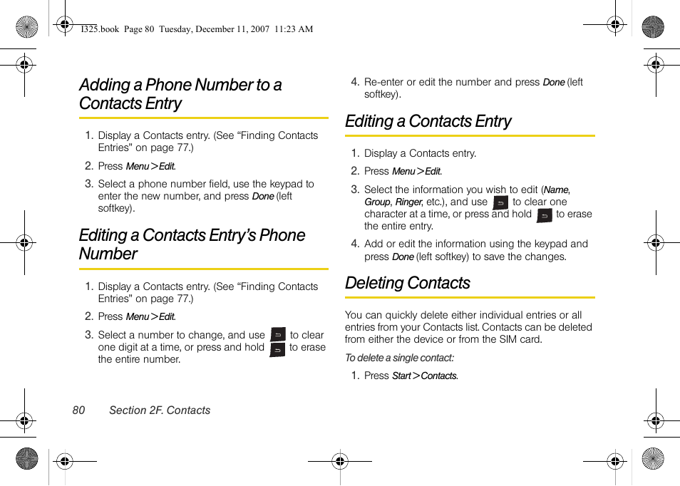 Adding a phone number to a contacts entry, Editing a contacts entry’s phone number, Editing a contacts entry | Deleting contacts, Adding a phone number to a contacts entry . 80 | Samsung ACE User Manual | Page 95 / 210