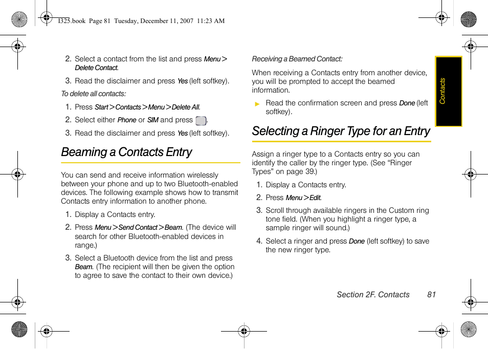 Beaming a contacts entry, Selecting a ringer type for an entry | Samsung ACE User Manual | Page 96 / 210