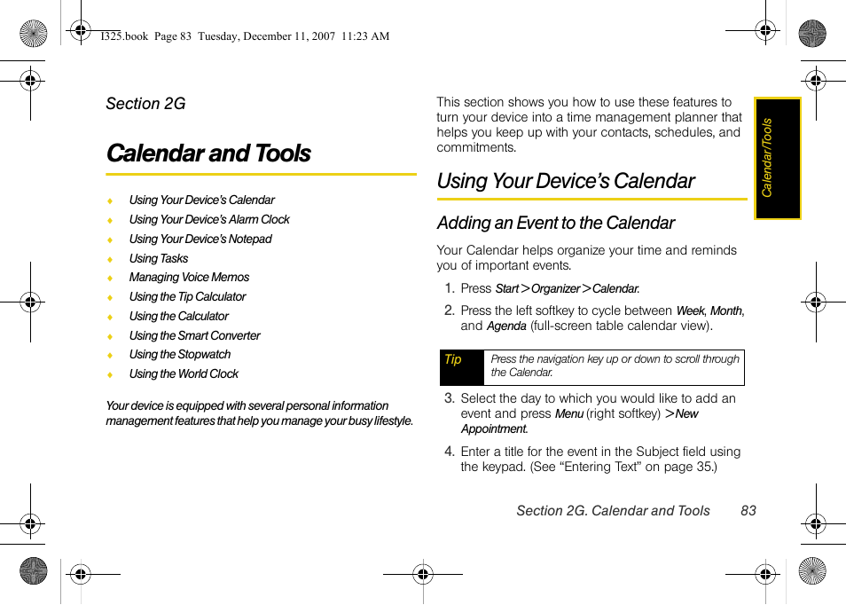 Calendar and tools, Using your device’s calendar, Adding an event to the calendar | 2g. calendar and tools | Samsung ACE User Manual | Page 98 / 210