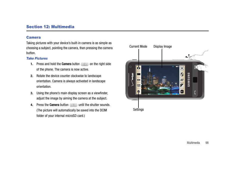 Section 12: multimedia, Camera | Samsung Cell Phone User Manual | Page 101 / 209