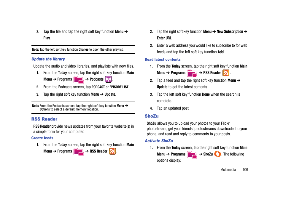 Rss reader, Shozu, Rss reader shozu | Samsung Cell Phone User Manual | Page 109 / 209