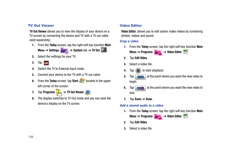 Tv out viewer, Video editor, Tv out viewer video editor | Samsung Cell Phone User Manual | Page 112 / 209