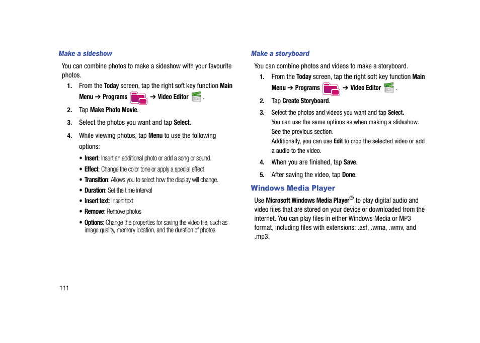 Windows media player | Samsung Cell Phone User Manual | Page 114 / 209