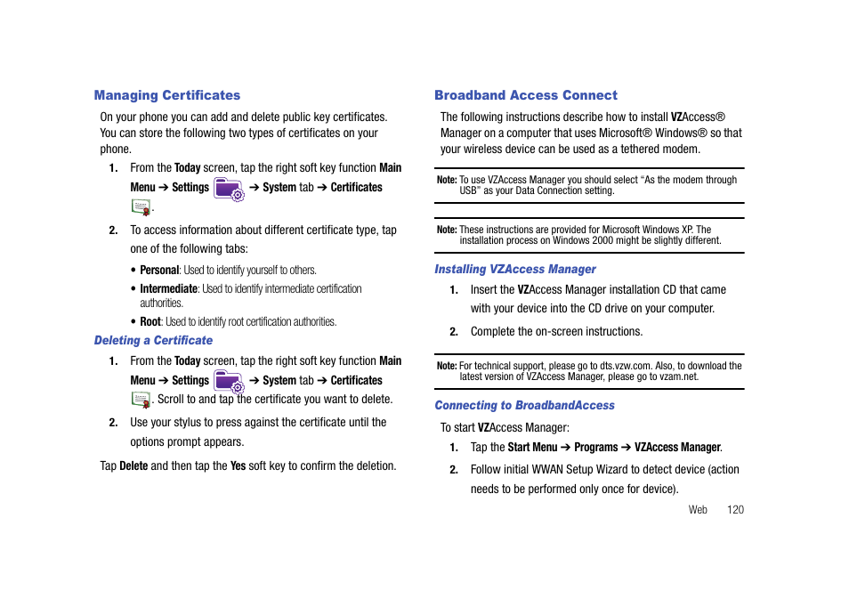 Managing certificates, Broadband access connect, Managing certificates broadband access connect | Samsung Cell Phone User Manual | Page 123 / 209