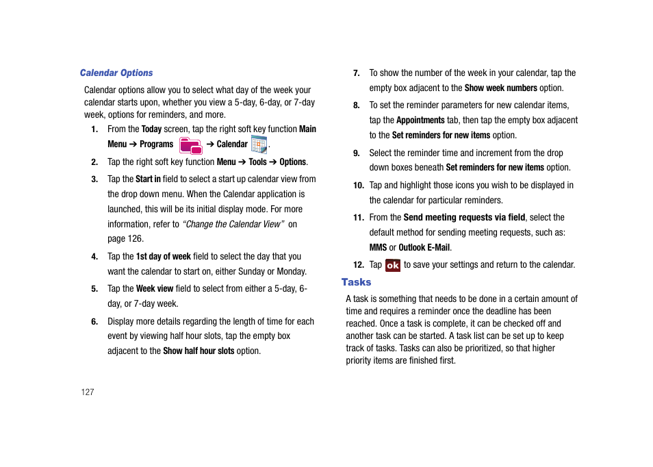Tasks | Samsung Cell Phone User Manual | Page 130 / 209