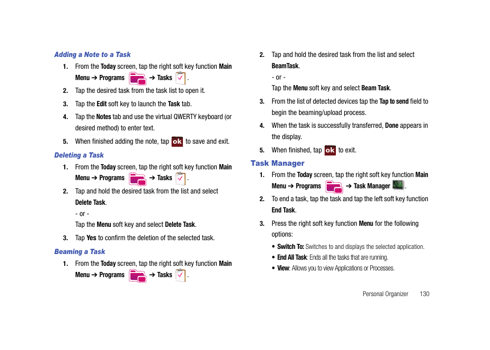 Task manager | Samsung Cell Phone User Manual | Page 133 / 209