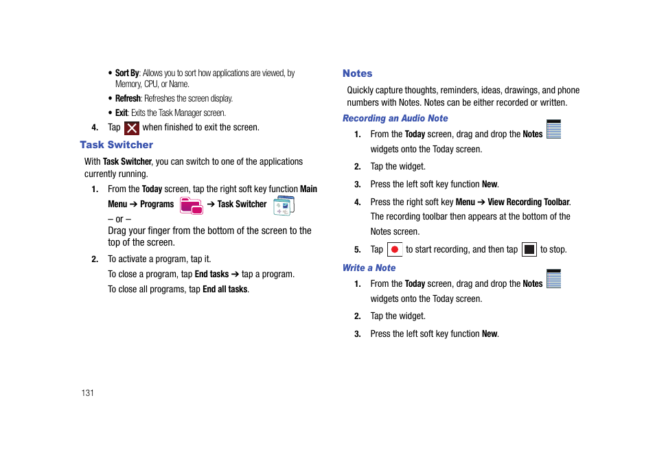 Task switcher, Notes, Task switcher notes | Samsung Cell Phone User Manual | Page 134 / 209