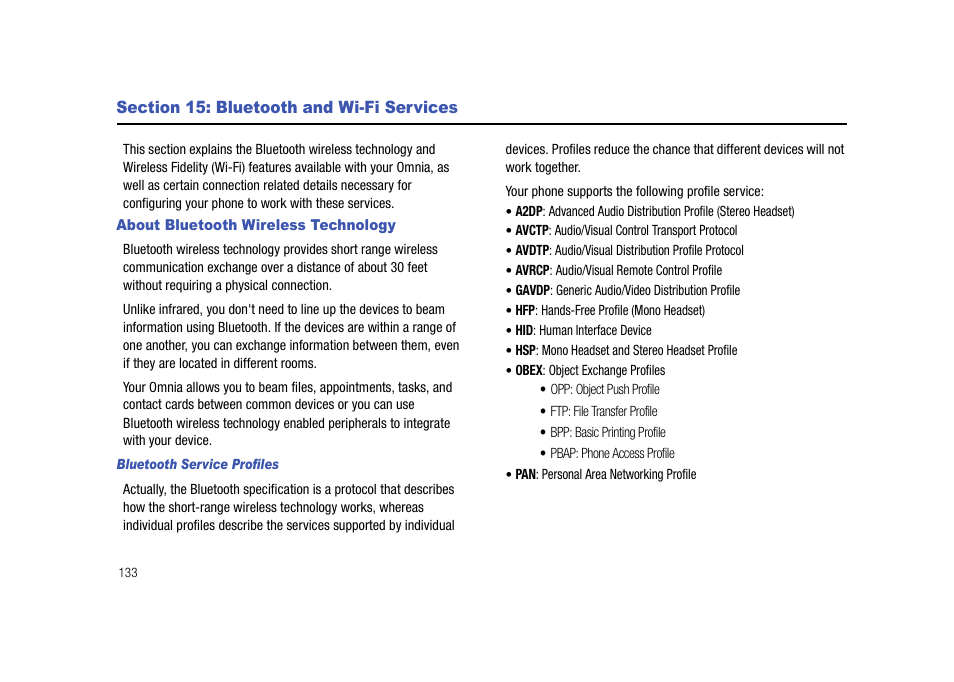 Section 15: bluetooth and wi-fi services, About bluetooth wireless technology | Samsung Cell Phone User Manual | Page 136 / 209