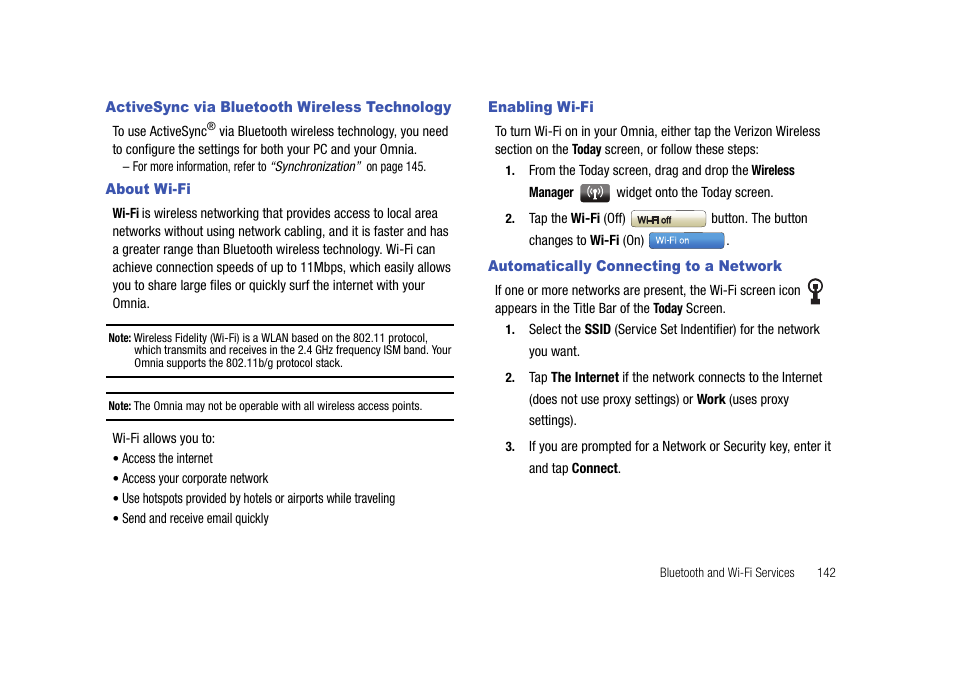 Activesync via bluetooth wireless technology, About wi-fi, Enabling wi-fi | Automatically connecting to a network | Samsung Cell Phone User Manual | Page 145 / 209