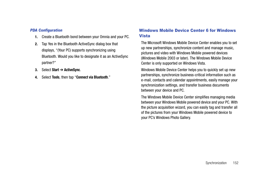 Windows mobile device center 6 for windows vista | Samsung Cell Phone User Manual | Page 155 / 209
