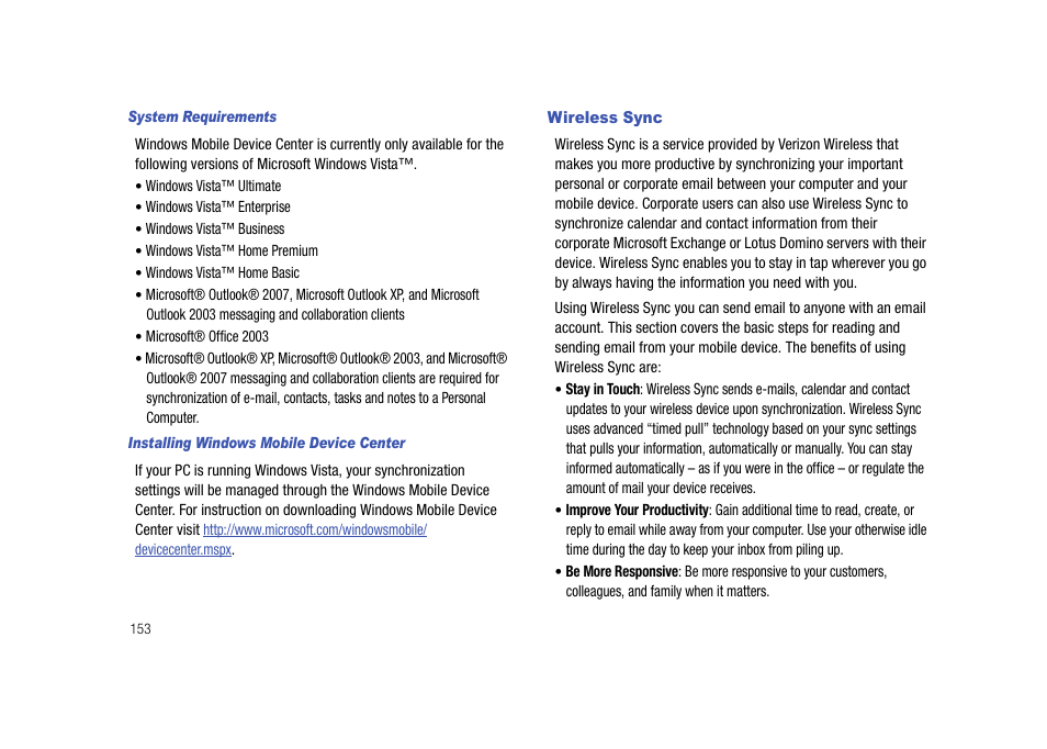 Wireless sync | Samsung Cell Phone User Manual | Page 156 / 209