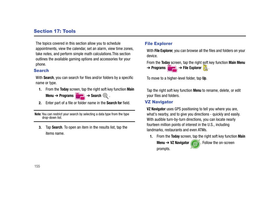 Section 17: tools, Search, File explorer | Vz navigator, File explorer vz navigator | Samsung Cell Phone User Manual | Page 158 / 209