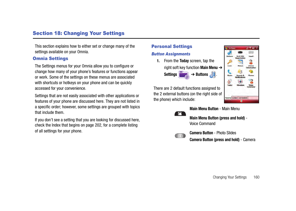 Section 18: changing your settings, Omnia settings, Personal settings | Omnia settings personal settings | Samsung Cell Phone User Manual | Page 163 / 209