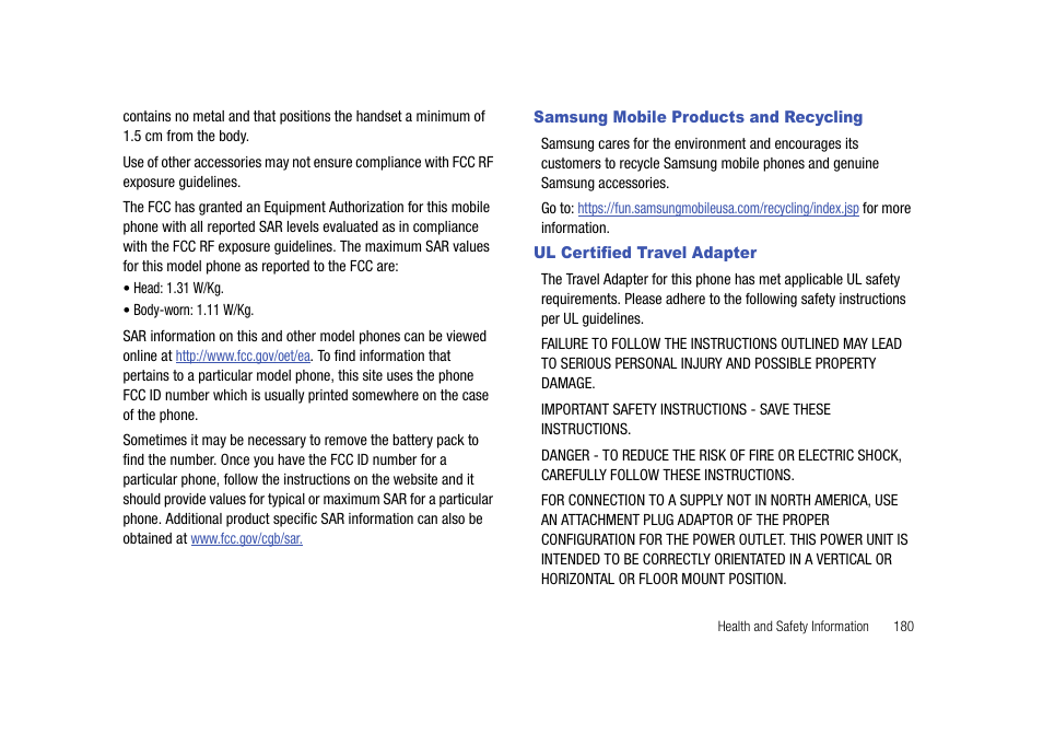 Samsung mobile products and recycling, Ul certified travel adapter | Samsung Cell Phone User Manual | Page 183 / 209