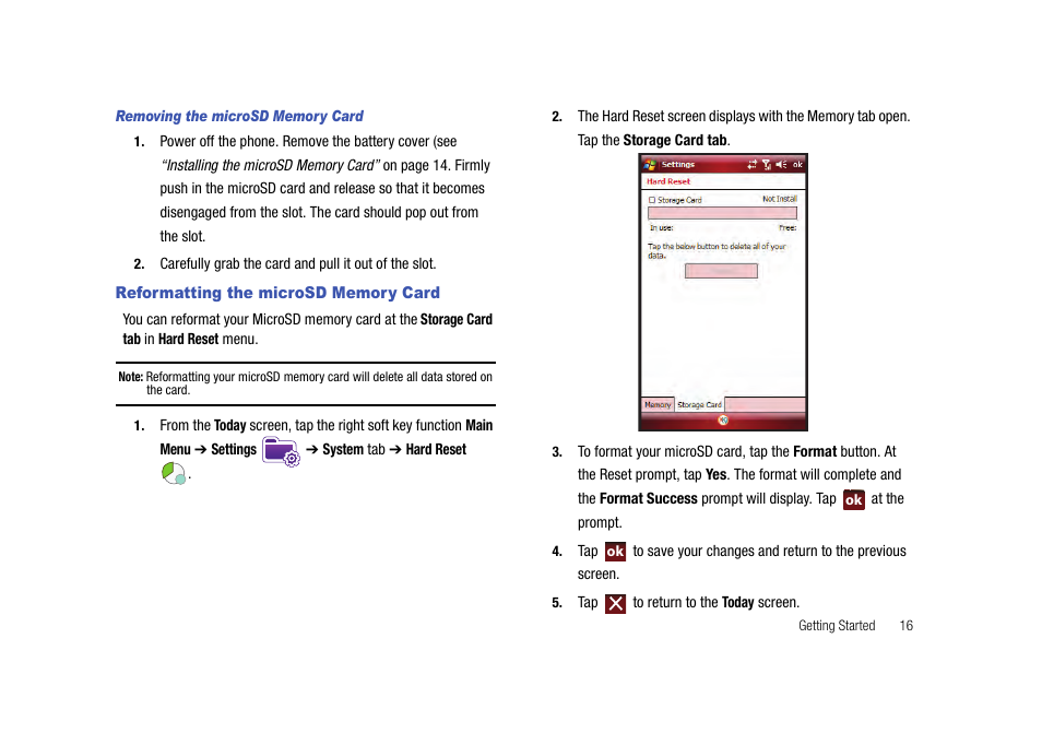 Reformatting the microsd memory card | Samsung Cell Phone User Manual | Page 19 / 209