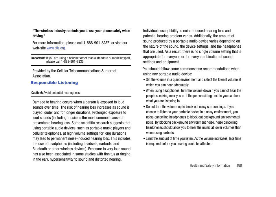 Responsible listening | Samsung Cell Phone User Manual | Page 191 / 209