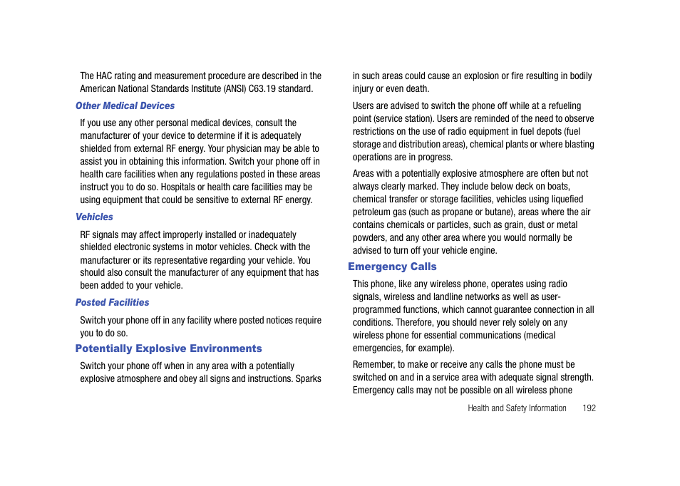 Potentially explosive environments, Emergency calls, Potentially explosive environments emergency calls | Samsung Cell Phone User Manual | Page 195 / 209