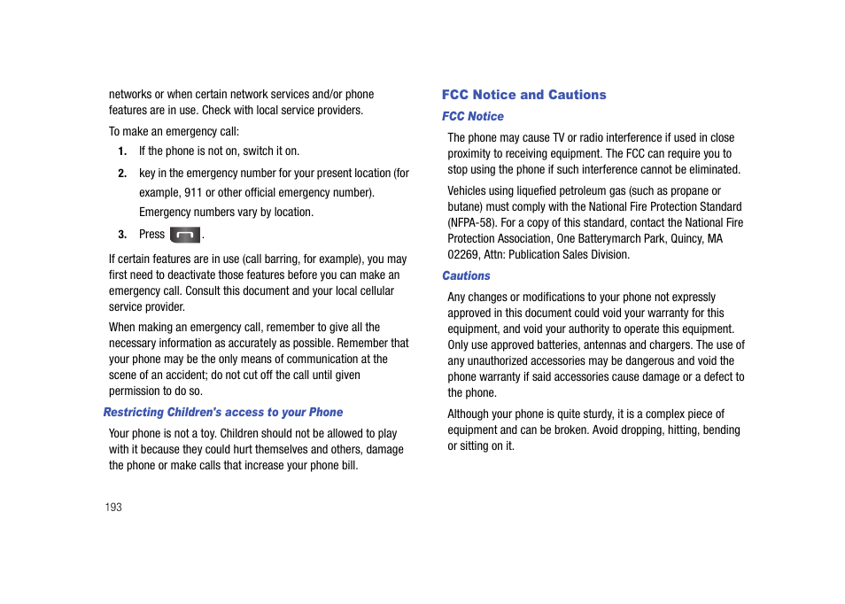 Fcc notice and cautions | Samsung Cell Phone User Manual | Page 196 / 209