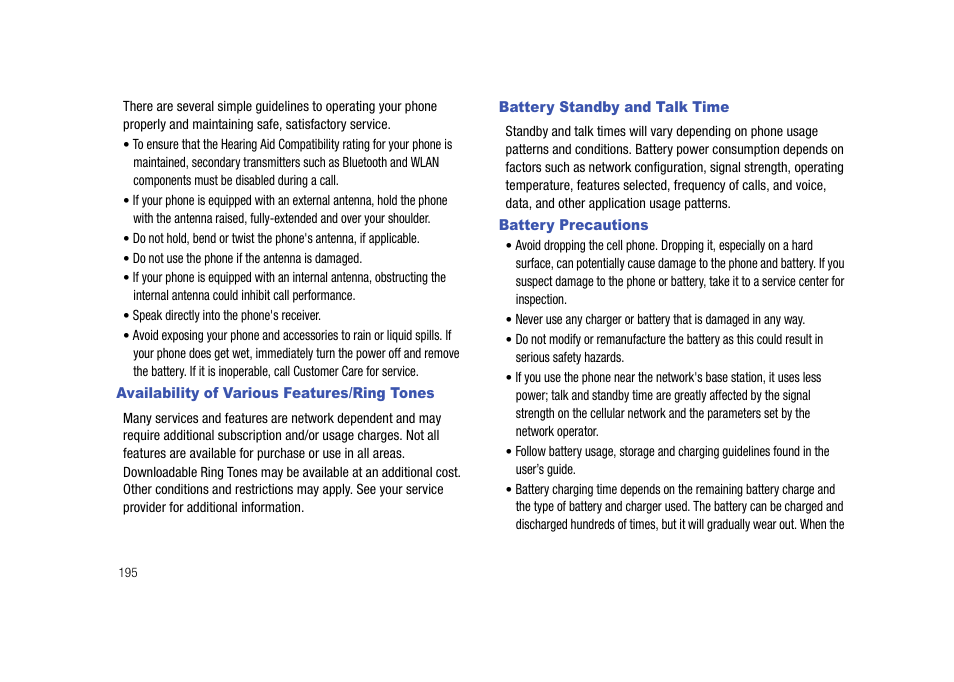 Availability of various features/ring tones, Battery standby and talk time, Battery precautions | Samsung Cell Phone User Manual | Page 198 / 209