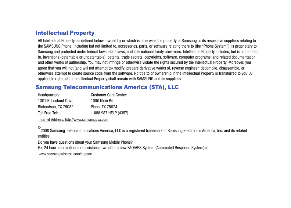 Intellectual property, Samsung telecommunications america (sta), llc | Samsung Cell Phone User Manual | Page 2 / 209