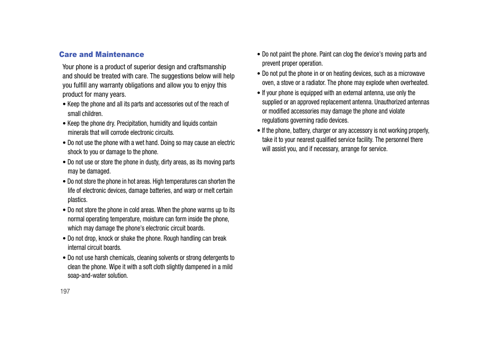 Care and maintenance | Samsung Cell Phone User Manual | Page 200 / 209