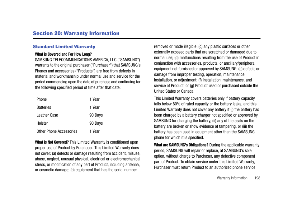 Section 20: warranty information, Standard limited warranty | Samsung Cell Phone User Manual | Page 201 / 209