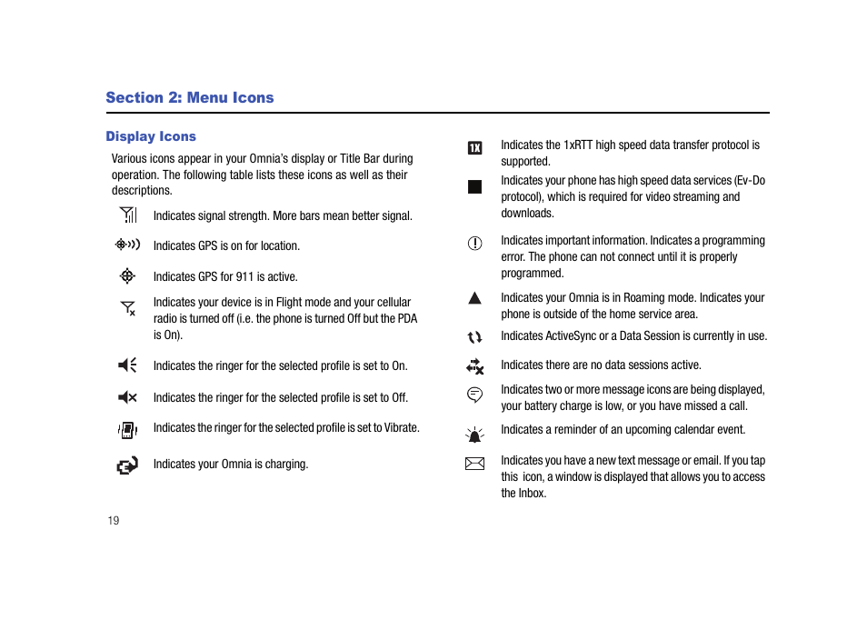Section 2: menu icons, Display icons | Samsung Cell Phone User Manual | Page 22 / 209