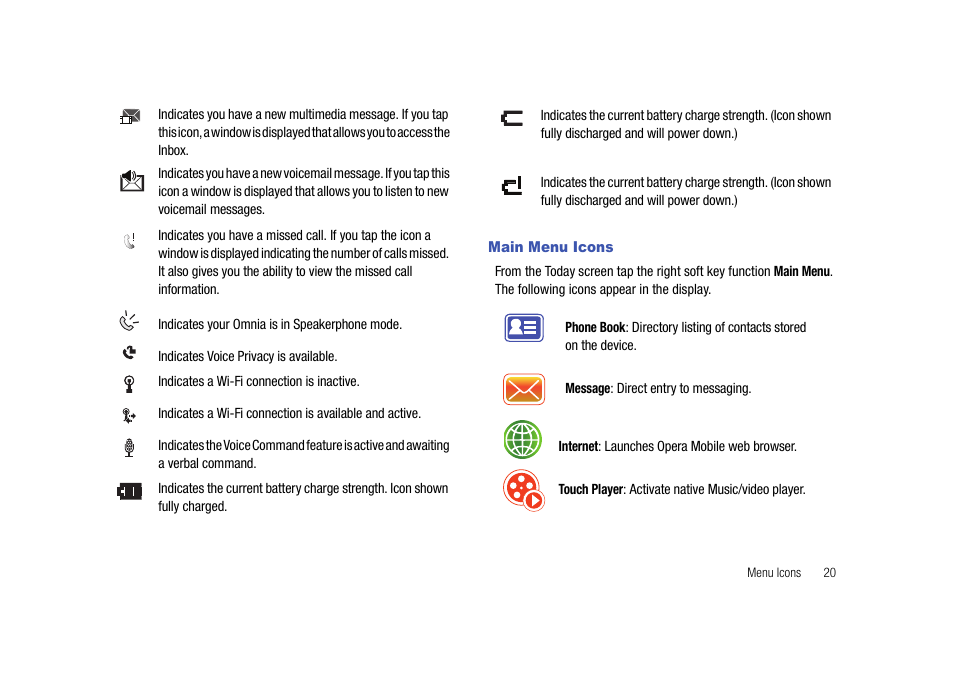 Main menu icons | Samsung Cell Phone User Manual | Page 23 / 209