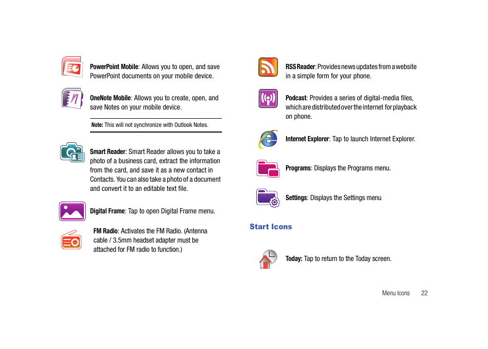 Start icons | Samsung Cell Phone User Manual | Page 25 / 209