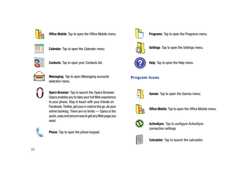 Program icons | Samsung Cell Phone User Manual | Page 26 / 209