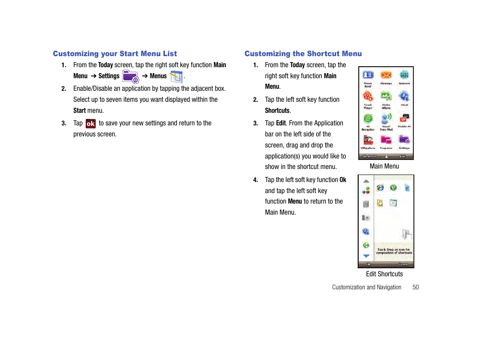 Customizing your start menu list, Customizing the shortcut menu | Samsung Cell Phone User Manual | Page 53 / 209