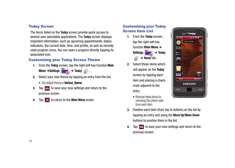 Today screen, Customizing your today screen theme, Customizing your today screen item list | Samsung Cell Phone User Manual | Page 54 / 209