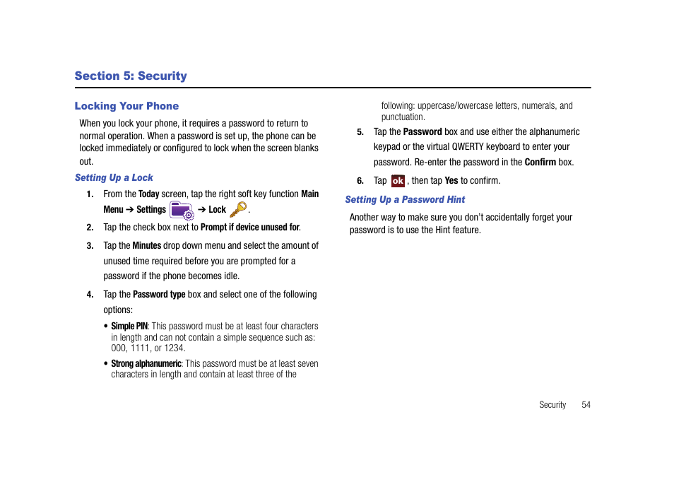 Section 5: security, Locking your phone | Samsung Cell Phone User Manual | Page 57 / 209
