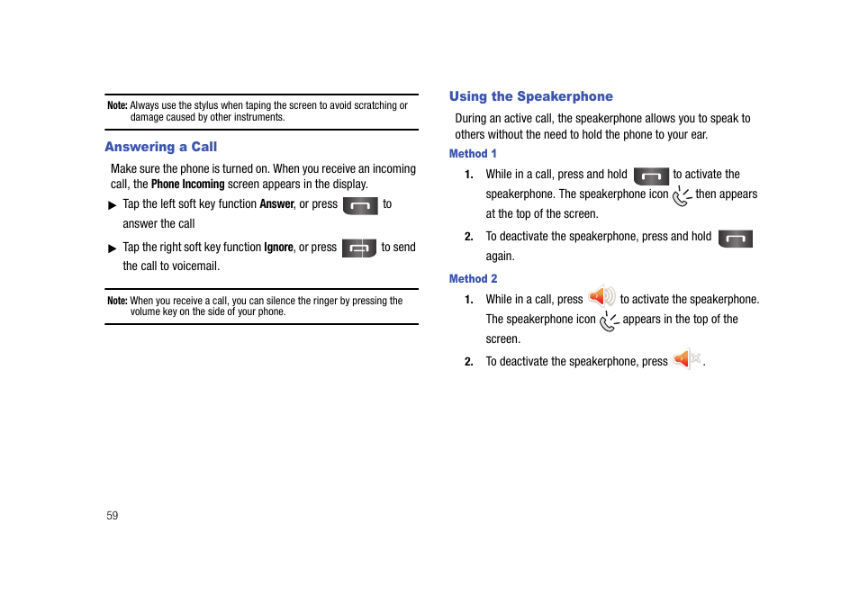 Answering a call, Using the speakerphone, Answering a call using the speakerphone | Samsung Cell Phone User Manual | Page 62 / 209