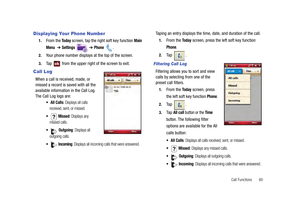 Displaying your phone number, Call log, Displaying your phone number call log | Samsung Cell Phone User Manual | Page 63 / 209