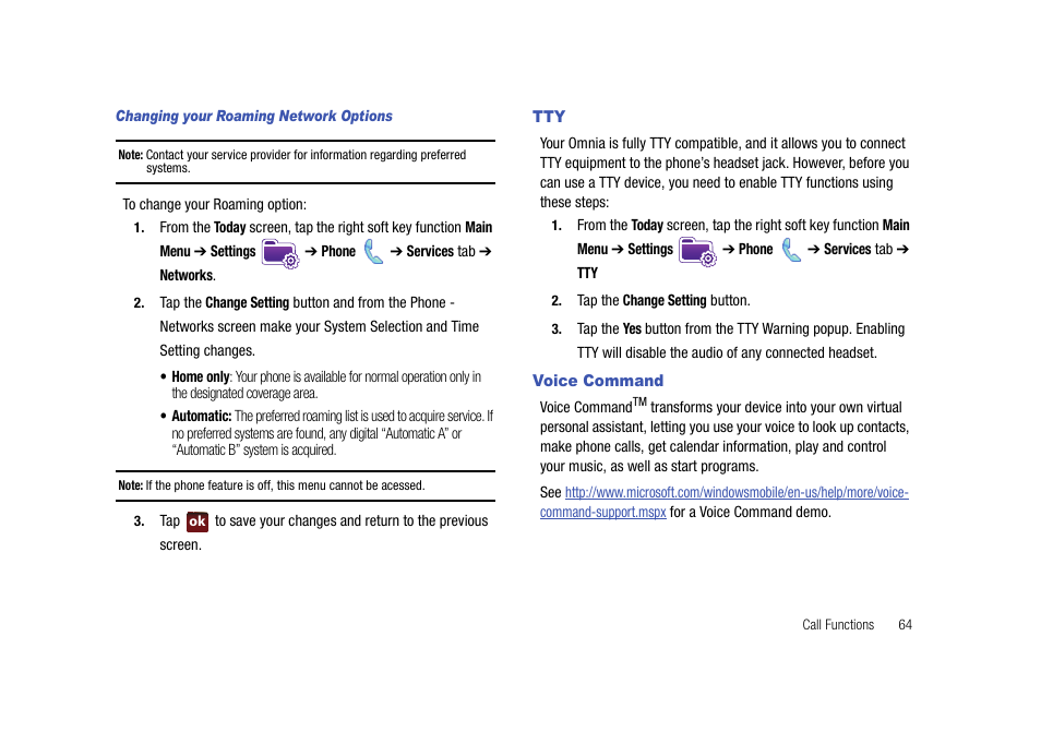 Voice command, Tty voice command | Samsung Cell Phone User Manual | Page 67 / 209