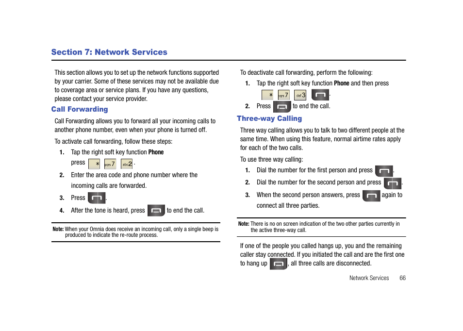 Section 7: network services, Call forwarding, Three-way calling | Call forwarding three-way calling | Samsung Cell Phone User Manual | Page 69 / 209