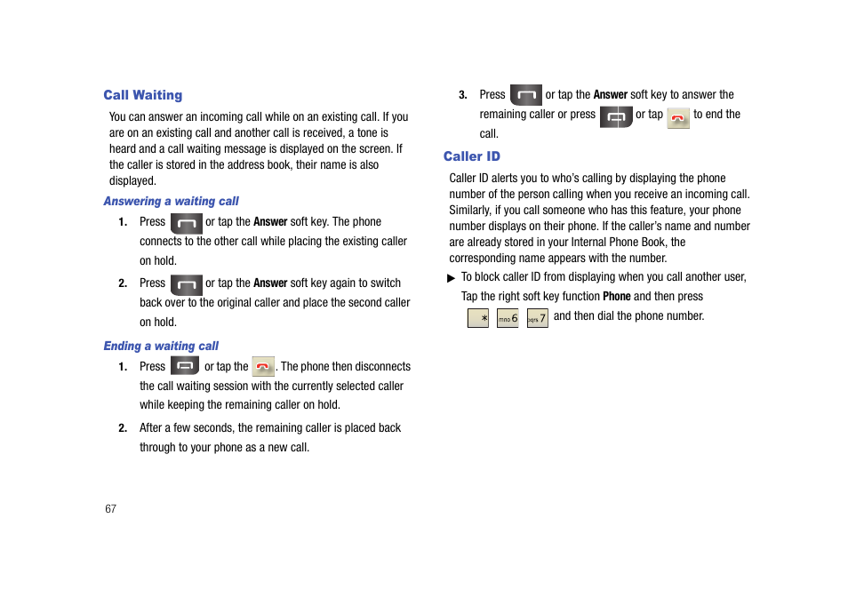 Call waiting, Caller id, Call waiting caller id | Samsung Cell Phone User Manual | Page 70 / 209