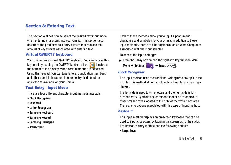 Section 8: entering text, Virtual qwerty keyboard, Text entry - input mode | Virtual qwerty keyboard text entry - input mode | Samsung Cell Phone User Manual | Page 71 / 209