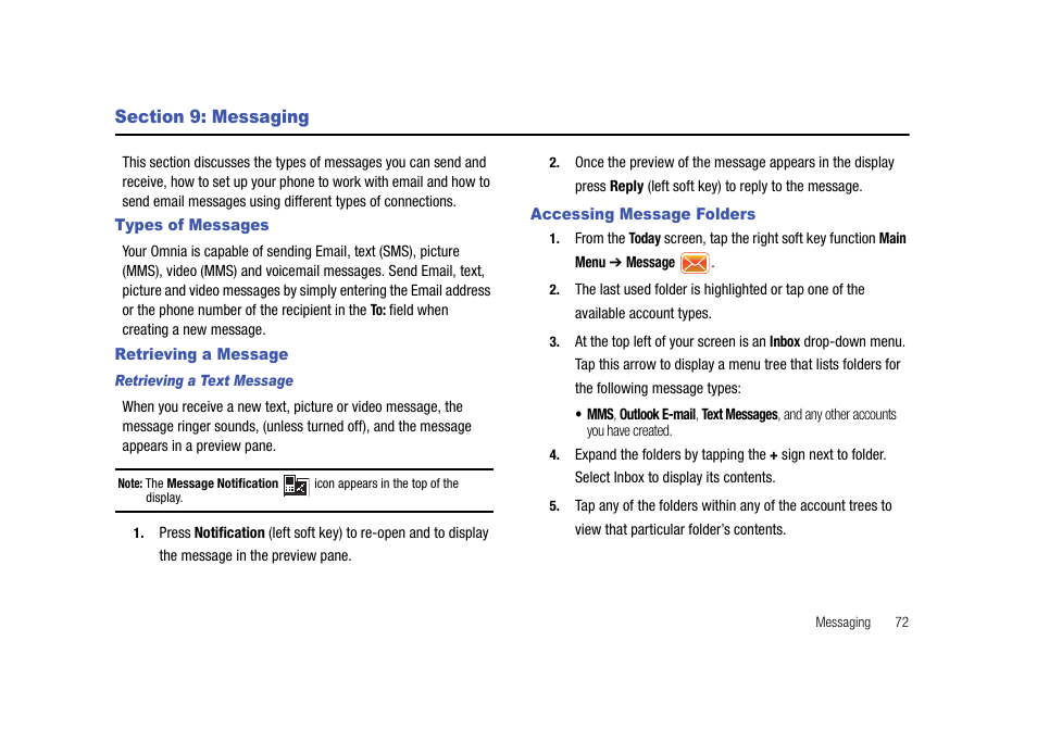 Section 9: messaging, Types of messages, Retrieving a message | Accessing message folders | Samsung Cell Phone User Manual | Page 75 / 209